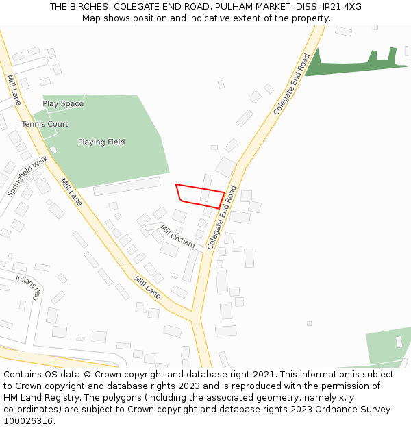 THE BIRCHES, COLEGATE END ROAD, PULHAM MARKET, DISS, IP21 4XG: Location map and indicative extent of plot