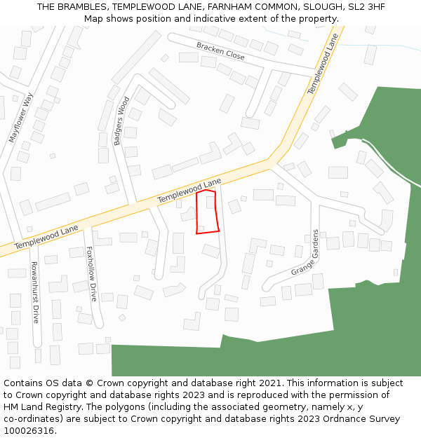 THE BRAMBLES, TEMPLEWOOD LANE, FARNHAM COMMON, SLOUGH, SL2 3HF: Location map and indicative extent of plot