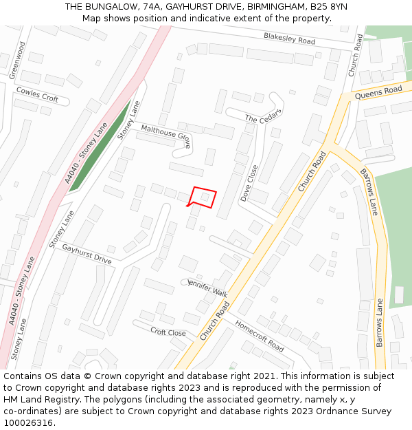 THE BUNGALOW, 74A, GAYHURST DRIVE, BIRMINGHAM, B25 8YN: Location map and indicative extent of plot