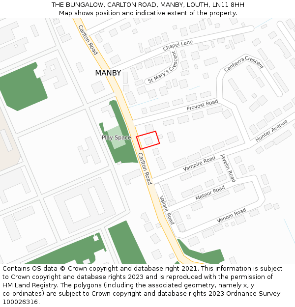 THE BUNGALOW, CARLTON ROAD, MANBY, LOUTH, LN11 8HH: Location map and indicative extent of plot