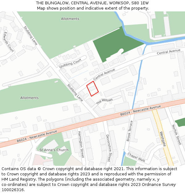 THE BUNGALOW, CENTRAL AVENUE, WORKSOP, S80 1EW: Location map and indicative extent of plot