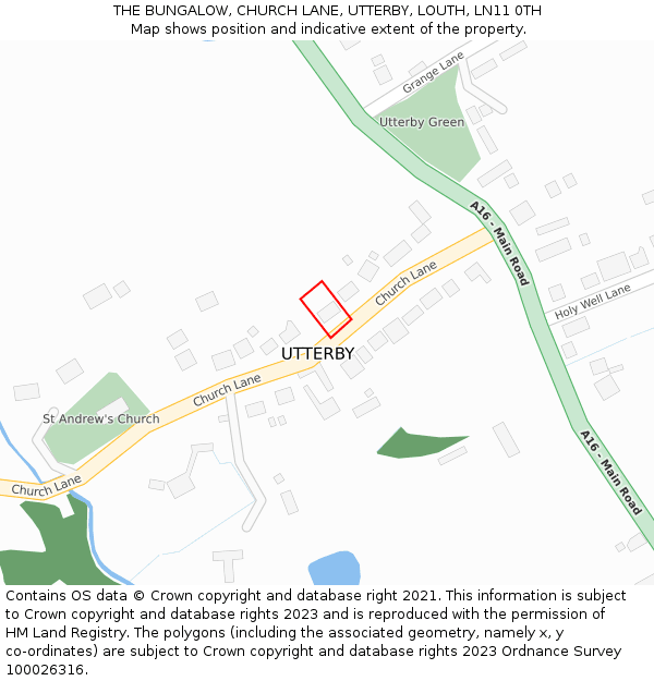 THE BUNGALOW, CHURCH LANE, UTTERBY, LOUTH, LN11 0TH: Location map and indicative extent of plot