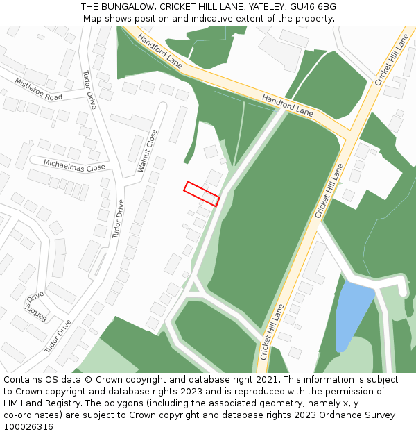 THE BUNGALOW, CRICKET HILL LANE, YATELEY, GU46 6BG: Location map and indicative extent of plot