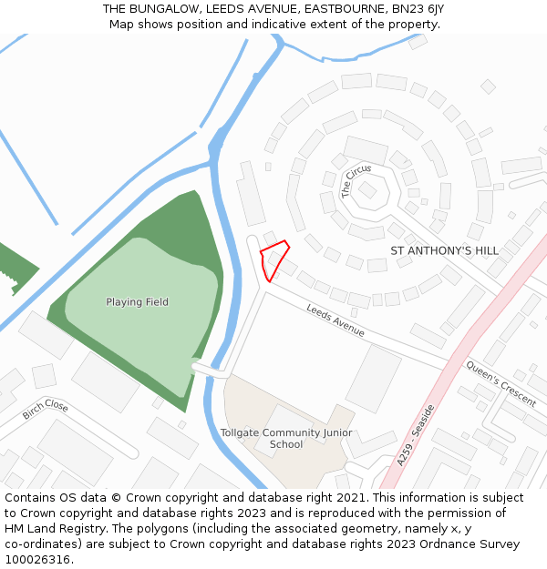 THE BUNGALOW, LEEDS AVENUE, EASTBOURNE, BN23 6JY: Location map and indicative extent of plot