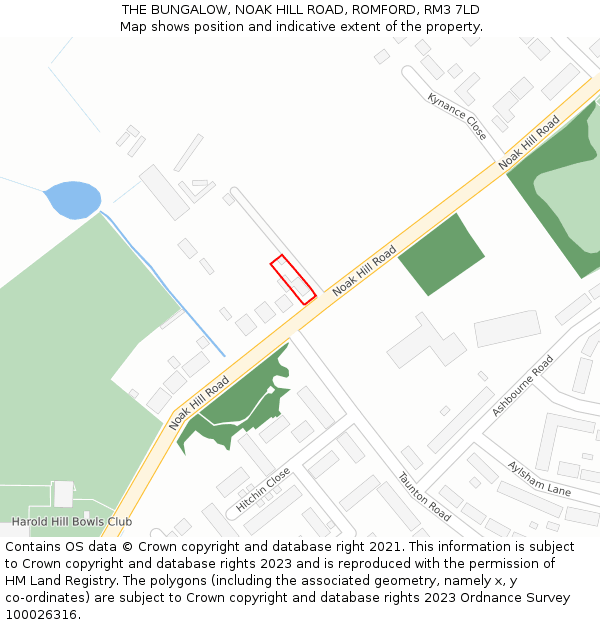 THE BUNGALOW, NOAK HILL ROAD, ROMFORD, RM3 7LD: Location map and indicative extent of plot