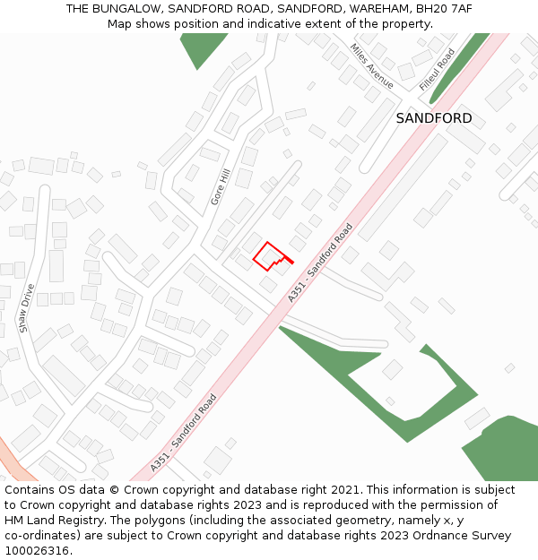 THE BUNGALOW, SANDFORD ROAD, SANDFORD, WAREHAM, BH20 7AF: Location map and indicative extent of plot