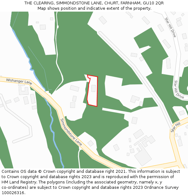 THE CLEARING, SIMMONDSTONE LANE, CHURT, FARNHAM, GU10 2QR: Location map and indicative extent of plot