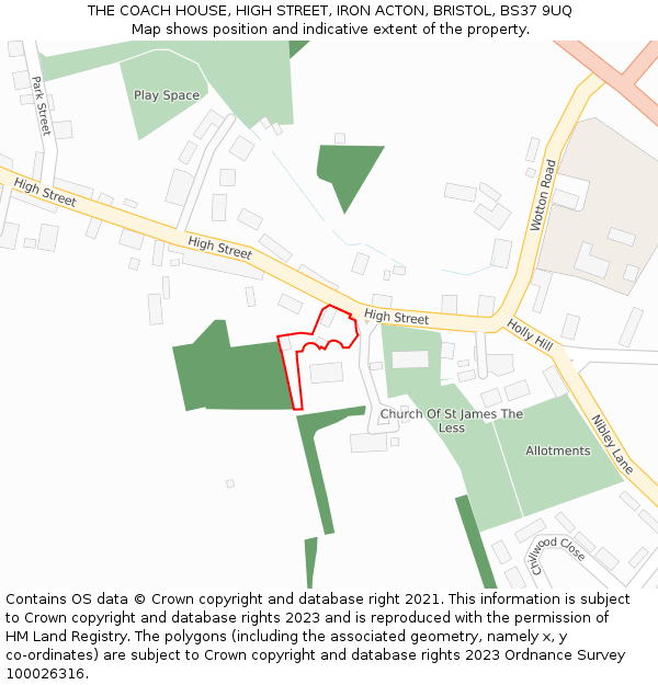 THE COACH HOUSE, HIGH STREET, IRON ACTON, BRISTOL, BS37 9UQ: Location map and indicative extent of plot