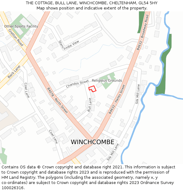 THE COTTAGE, BULL LANE, WINCHCOMBE, CHELTENHAM, GL54 5HY: Location map and indicative extent of plot