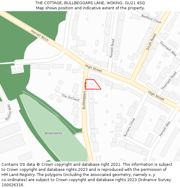 THE COTTAGE, BULLBEGGARS LANE, WOKING, GU21 4SQ: Location map and indicative extent of plot