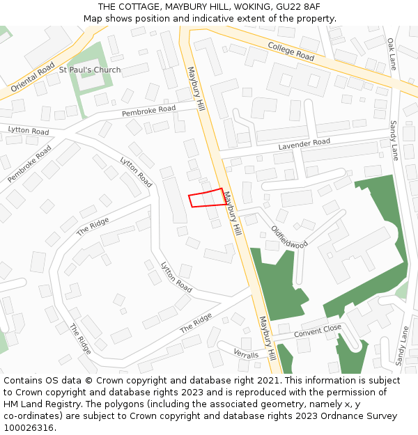 THE COTTAGE, MAYBURY HILL, WOKING, GU22 8AF: Location map and indicative extent of plot