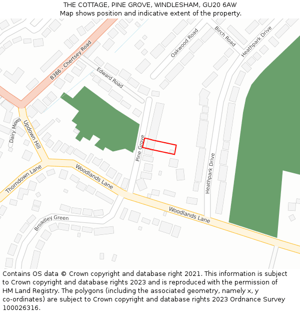 THE COTTAGE, PINE GROVE, WINDLESHAM, GU20 6AW: Location map and indicative extent of plot