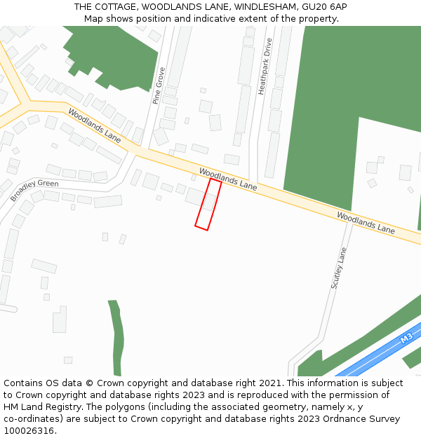 THE COTTAGE, WOODLANDS LANE, WINDLESHAM, GU20 6AP: Location map and indicative extent of plot