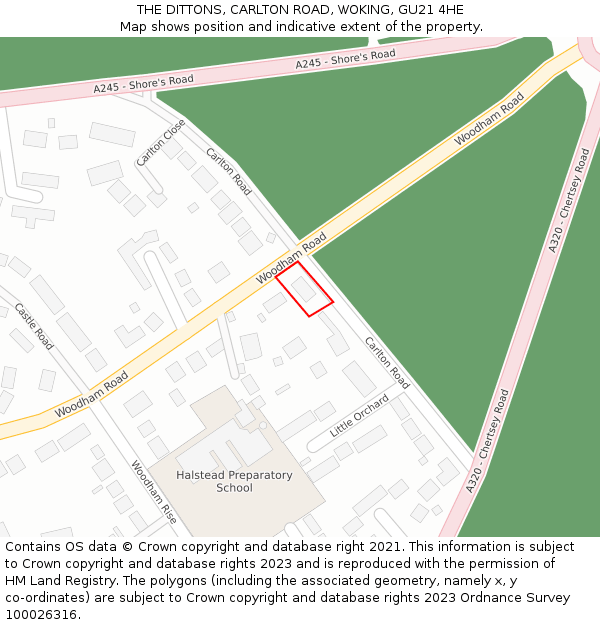 THE DITTONS, CARLTON ROAD, WOKING, GU21 4HE: Location map and indicative extent of plot