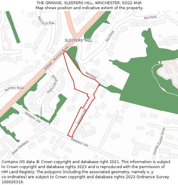 THE GRANGE, SLEEPERS HILL, WINCHESTER, SO22 4NA: Location map and indicative extent of plot