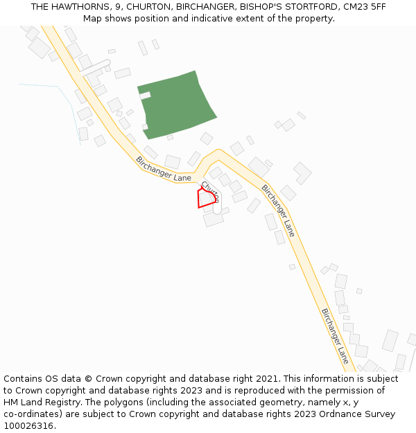 THE HAWTHORNS, 9, CHURTON, BIRCHANGER, BISHOP'S STORTFORD, CM23 5FF: Location map and indicative extent of plot