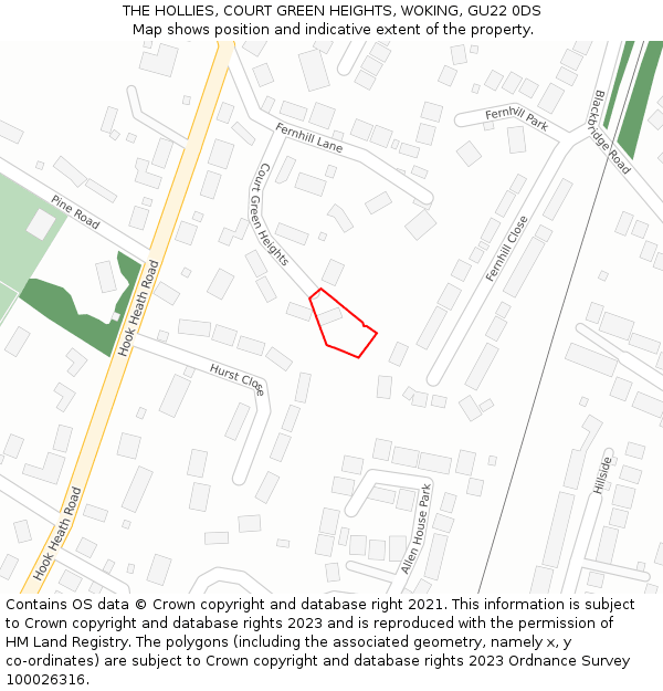THE HOLLIES, COURT GREEN HEIGHTS, WOKING, GU22 0DS: Location map and indicative extent of plot