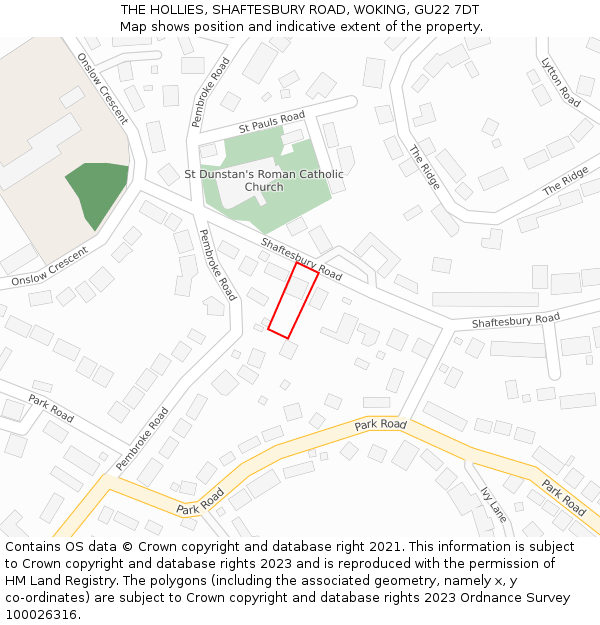 THE HOLLIES, SHAFTESBURY ROAD, WOKING, GU22 7DT: Location map and indicative extent of plot