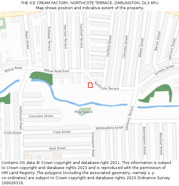 THE ICE CREAM FACTORY, NORTHCOTE TERRACE, DARLINGTON, DL3 6PU: Location map and indicative extent of plot
