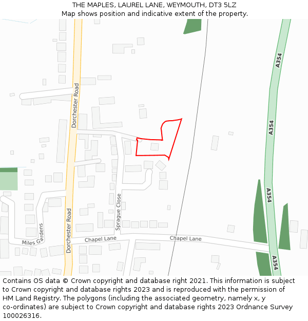 THE MAPLES, LAUREL LANE, WEYMOUTH, DT3 5LZ: Location map and indicative extent of plot