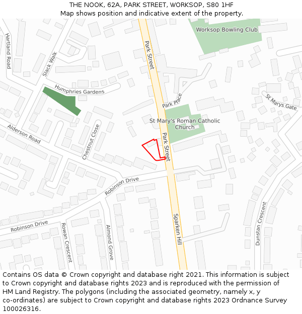 THE NOOK, 62A, PARK STREET, WORKSOP, S80 1HF: Location map and indicative extent of plot