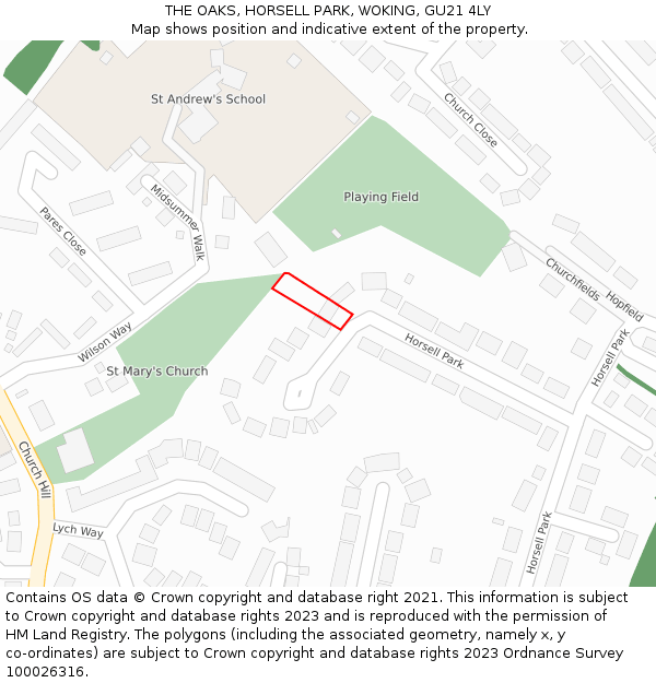 THE OAKS, HORSELL PARK, WOKING, GU21 4LY: Location map and indicative extent of plot