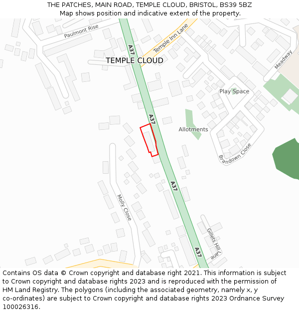 THE PATCHES, MAIN ROAD, TEMPLE CLOUD, BRISTOL, BS39 5BZ: Location map and indicative extent of plot