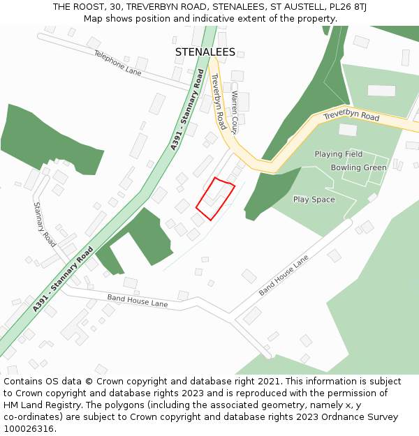 THE ROOST, 30, TREVERBYN ROAD, STENALEES, ST AUSTELL, PL26 8TJ: Location map and indicative extent of plot