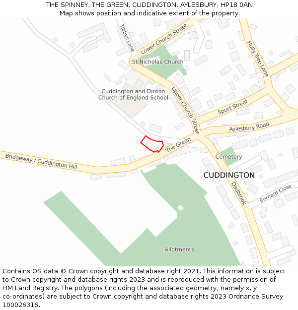 THE SPINNEY, THE GREEN, CUDDINGTON, AYLESBURY, HP18 0AN: Location map and indicative extent of plot