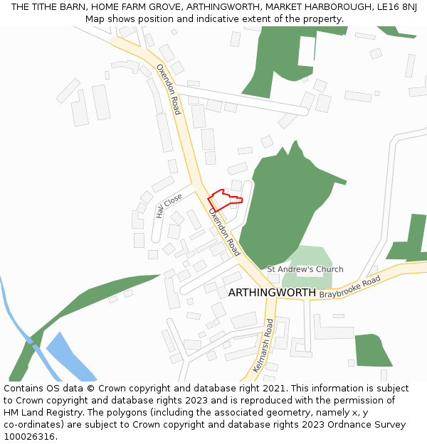 THE TITHE BARN, HOME FARM GROVE, ARTHINGWORTH, MARKET HARBOROUGH, LE16 8NJ: Location map and indicative extent of plot