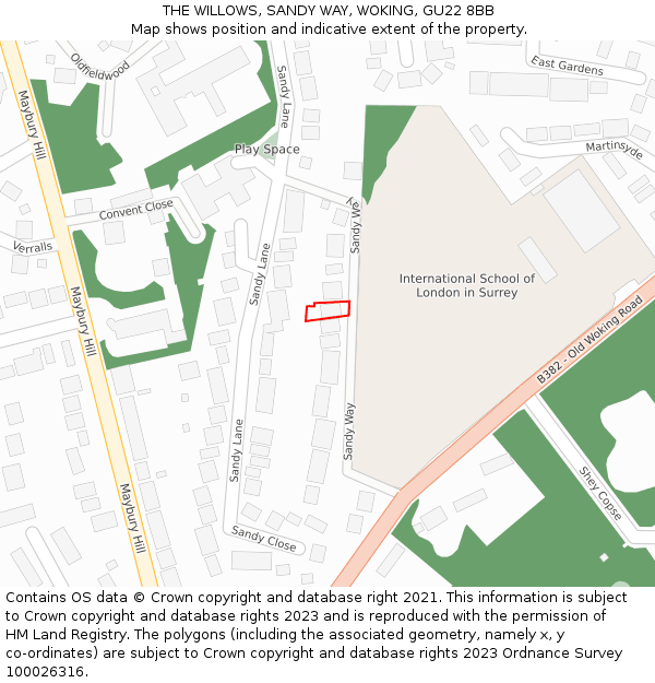 THE WILLOWS, SANDY WAY, WOKING, GU22 8BB: Location map and indicative extent of plot