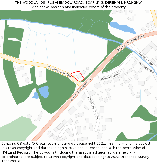 THE WOODLANDS, RUSHMEADOW ROAD, SCARNING, DEREHAM, NR19 2NW: Location map and indicative extent of plot