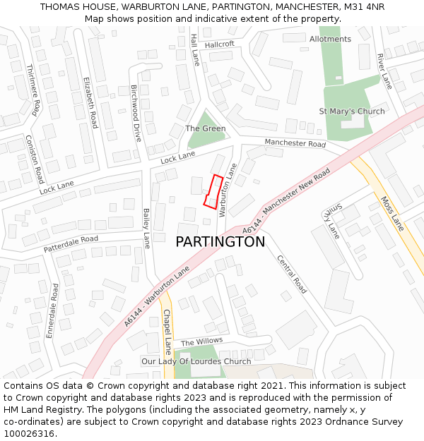 THOMAS HOUSE, WARBURTON LANE, PARTINGTON, MANCHESTER, M31 4NR: Location map and indicative extent of plot