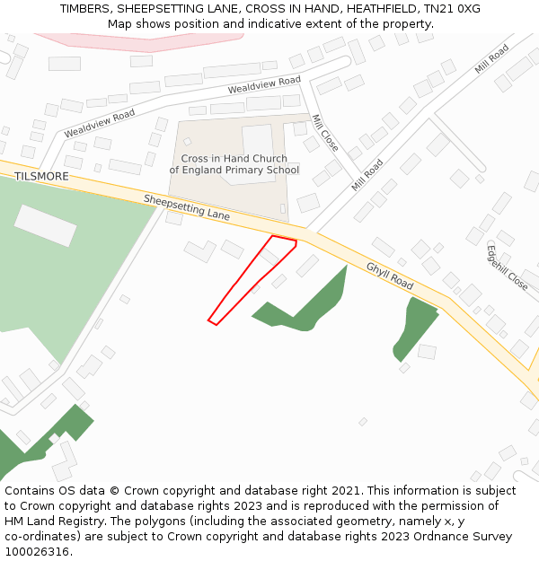 TIMBERS, SHEEPSETTING LANE, CROSS IN HAND, HEATHFIELD, TN21 0XG: Location map and indicative extent of plot