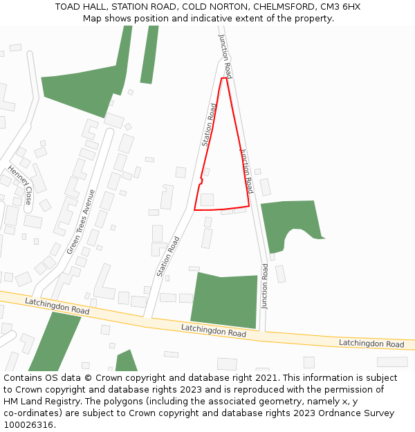 TOAD HALL, STATION ROAD, COLD NORTON, CHELMSFORD, CM3 6HX: Location map and indicative extent of plot