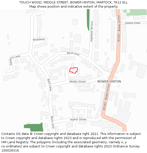 TOUCH WOOD, MIDDLE STREET, BOWER HINTON, MARTOCK, TA12 6LL: Location map and indicative extent of plot