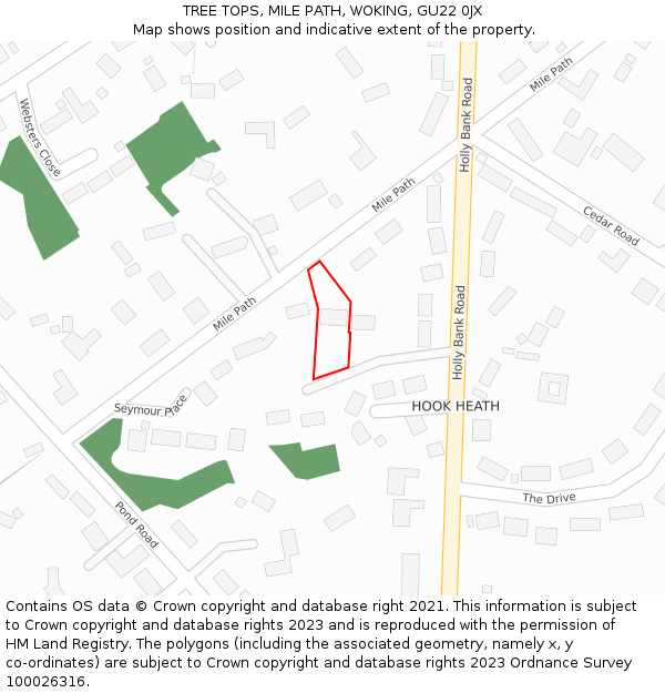 TREE TOPS, MILE PATH, WOKING, GU22 0JX: Location map and indicative extent of plot