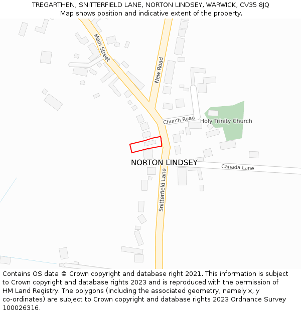 TREGARTHEN, SNITTERFIELD LANE, NORTON LINDSEY, WARWICK, CV35 8JQ: Location map and indicative extent of plot