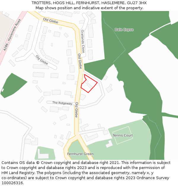TROTTERS, HOGS HILL, FERNHURST, HASLEMERE, GU27 3HX: Location map and indicative extent of plot