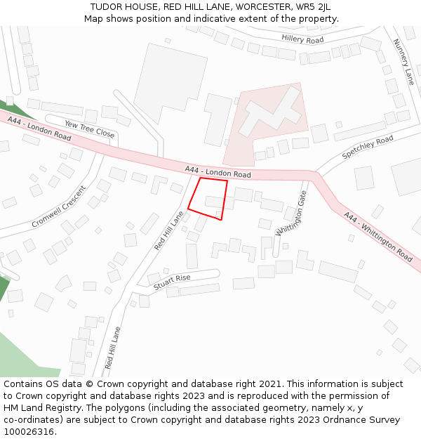 TUDOR HOUSE, RED HILL LANE, WORCESTER, WR5 2JL: Location map and indicative extent of plot