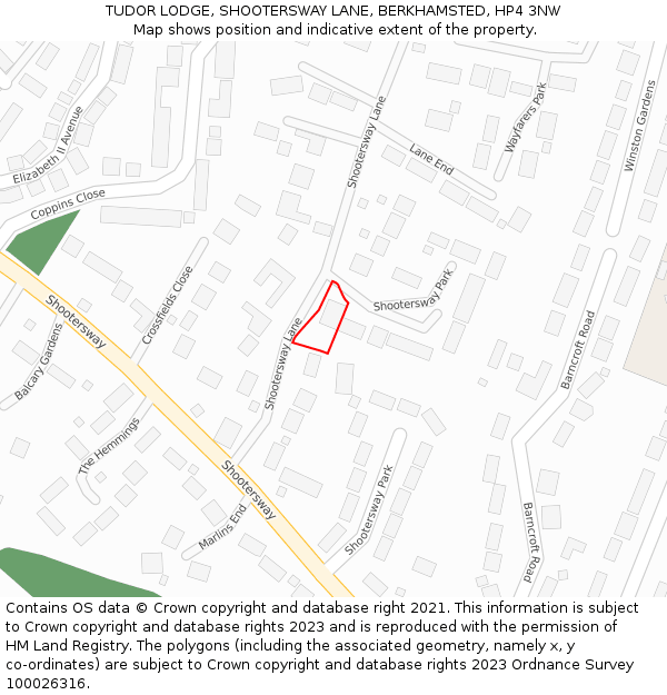 TUDOR LODGE, SHOOTERSWAY LANE, BERKHAMSTED, HP4 3NW: Location map and indicative extent of plot