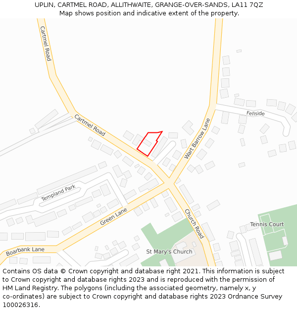 UPLIN, CARTMEL ROAD, ALLITHWAITE, GRANGE-OVER-SANDS, LA11 7QZ: Location map and indicative extent of plot