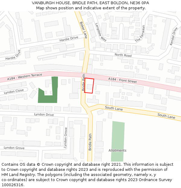 VANBURGH HOUSE, BRIDLE PATH, EAST BOLDON, NE36 0PA: Location map and indicative extent of plot