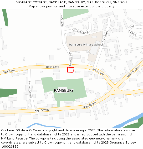 VICARAGE COTTAGE, BACK LANE, RAMSBURY, MARLBOROUGH, SN8 2QH: Location map and indicative extent of plot