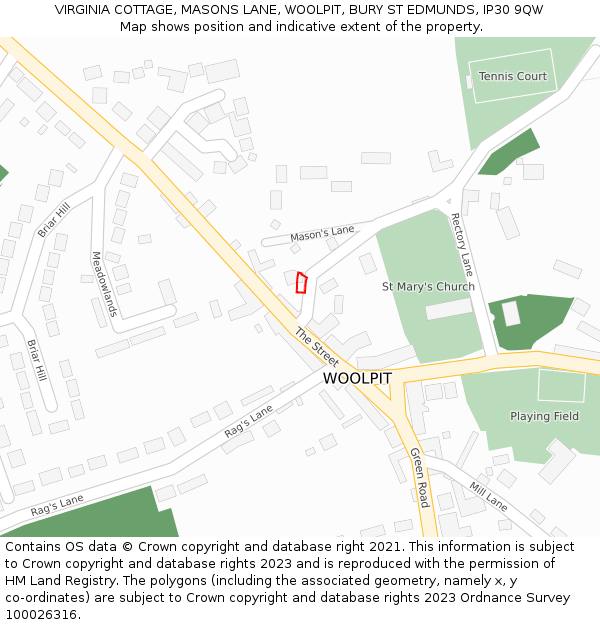 VIRGINIA COTTAGE, MASONS LANE, WOOLPIT, BURY ST EDMUNDS, IP30 9QW: Location map and indicative extent of plot