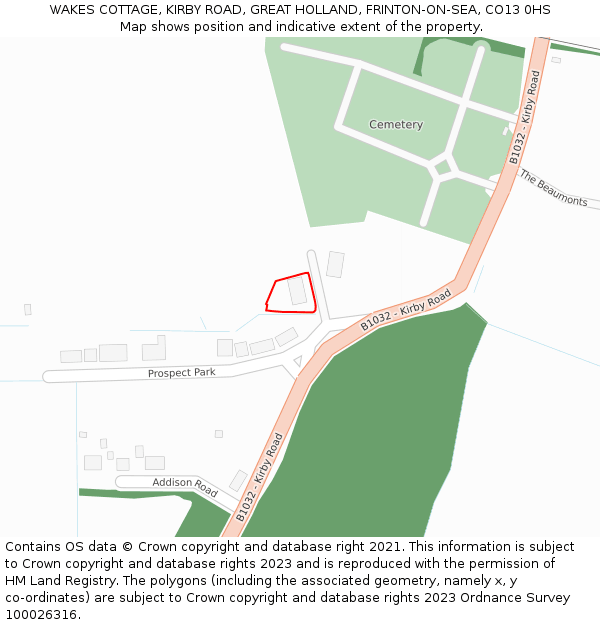 WAKES COTTAGE, KIRBY ROAD, GREAT HOLLAND, FRINTON-ON-SEA, CO13 0HS: Location map and indicative extent of plot