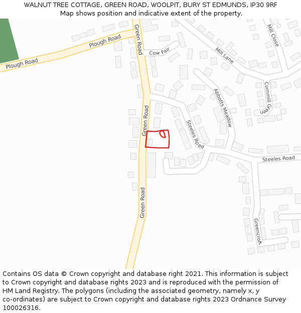 WALNUT TREE COTTAGE, GREEN ROAD, WOOLPIT, BURY ST EDMUNDS, IP30 9RF: Location map and indicative extent of plot