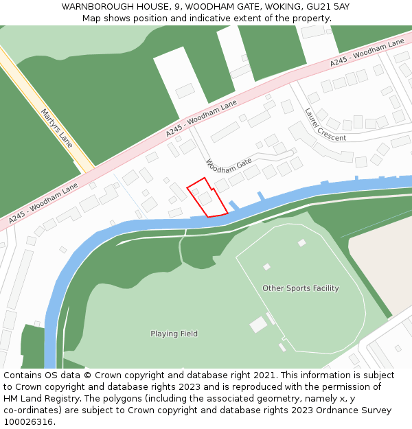 WARNBOROUGH HOUSE, 9, WOODHAM GATE, WOKING, GU21 5AY: Location map and indicative extent of plot