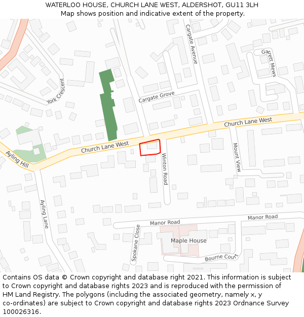 WATERLOO HOUSE, CHURCH LANE WEST, ALDERSHOT, GU11 3LH: Location map and indicative extent of plot
