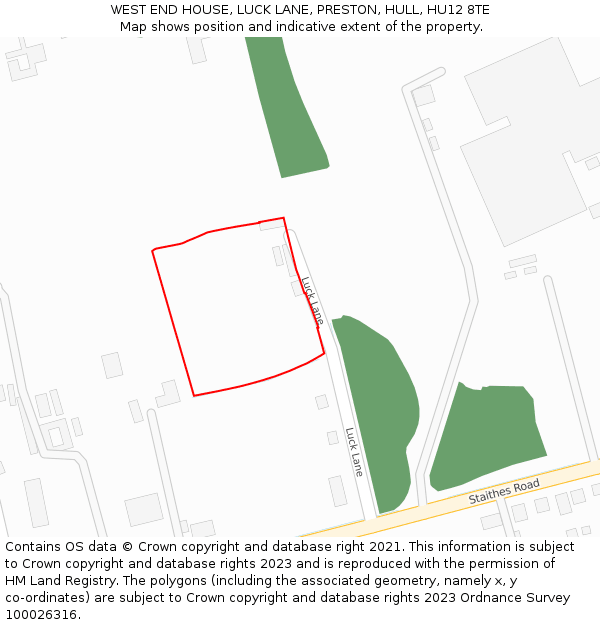 WEST END HOUSE, LUCK LANE, PRESTON, HULL, HU12 8TE: Location map and indicative extent of plot